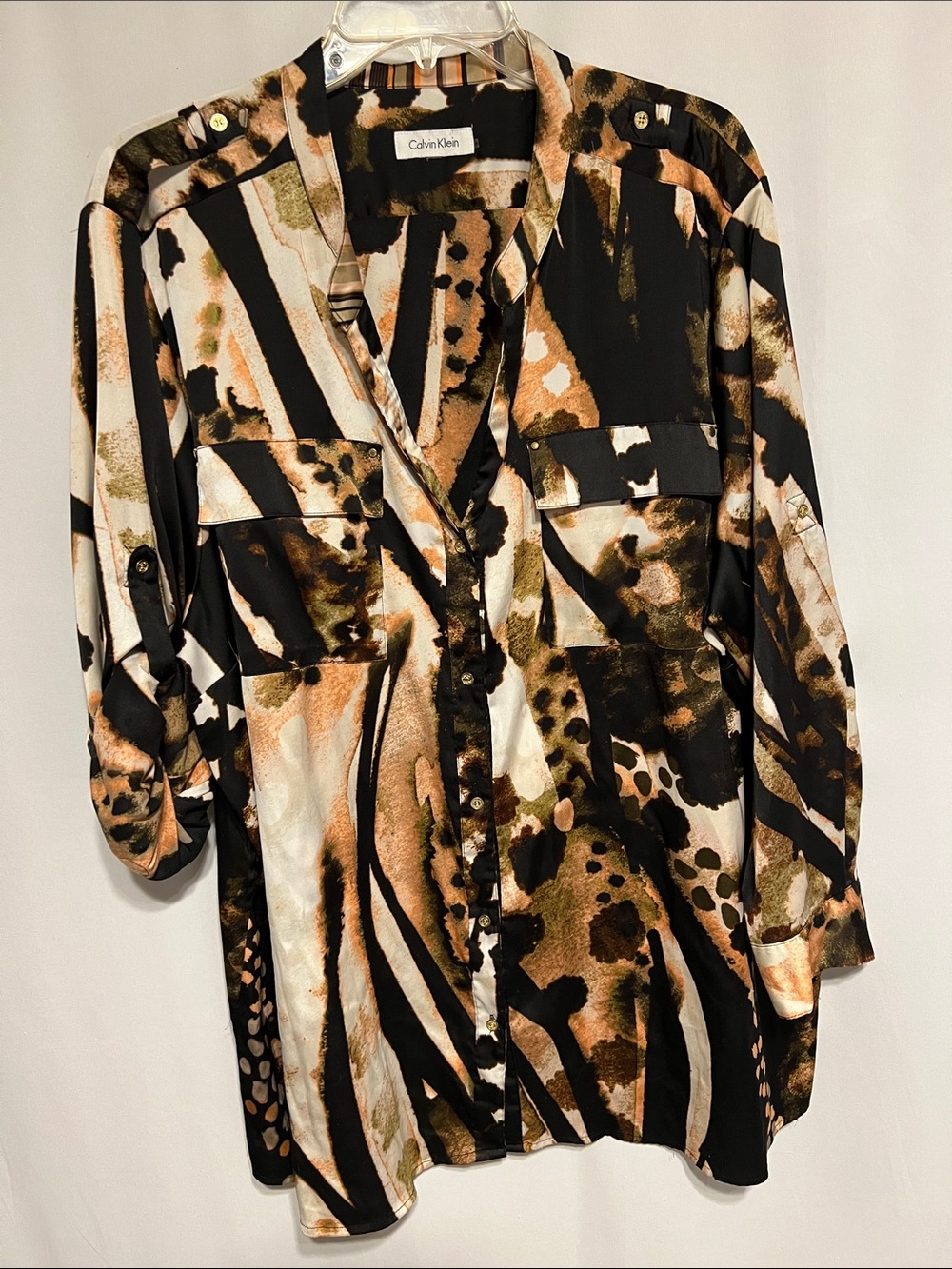Calvin Klein Long-Sleeve Abstract Print Shirt Dress — Black, Tan & Olive